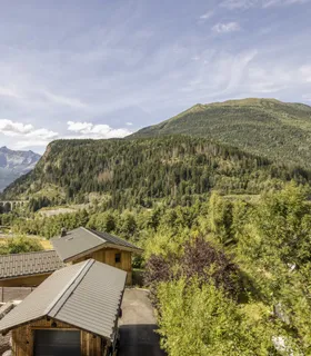 Vue directe sur la nature depuis le balcon privé Balcon avec vue sur les montagnes depuis l’appartement Prakka High Camp à Les Houches – orientation idéale pour admirer le massif des Fiz.
